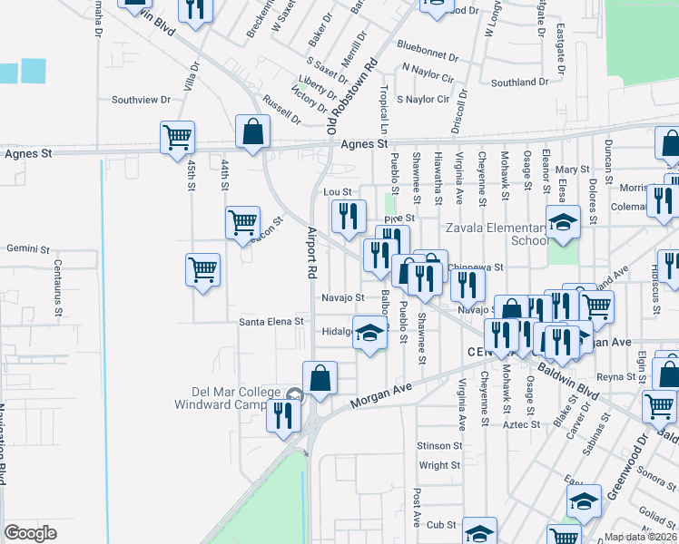 map of restaurants, bars, coffee shops, grocery stores, and more near 418 Vera Cruz Street in Corpus Christi