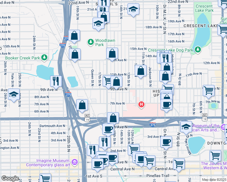 map of restaurants, bars, coffee shops, grocery stores, and more near 1504 9th Avenue North in Saint Petersburg