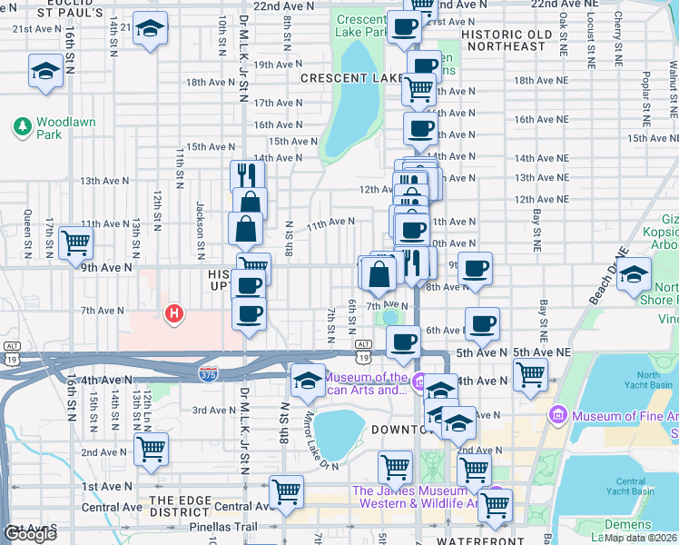 map of restaurants, bars, coffee shops, grocery stores, and more near 715 9th Avenue North in St. Petersburg