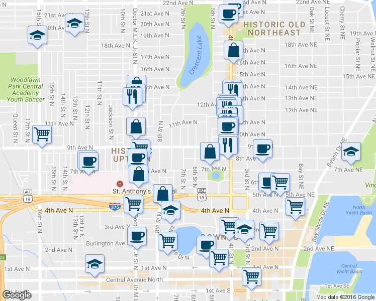 map of restaurants, bars, coffee shops, grocery stores, and more near 608 9th Avenue North in St. Petersburg