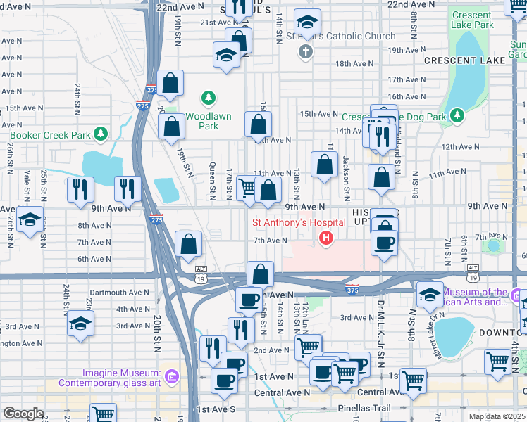 map of restaurants, bars, coffee shops, grocery stores, and more near 901 16th Street North in St. Petersburg