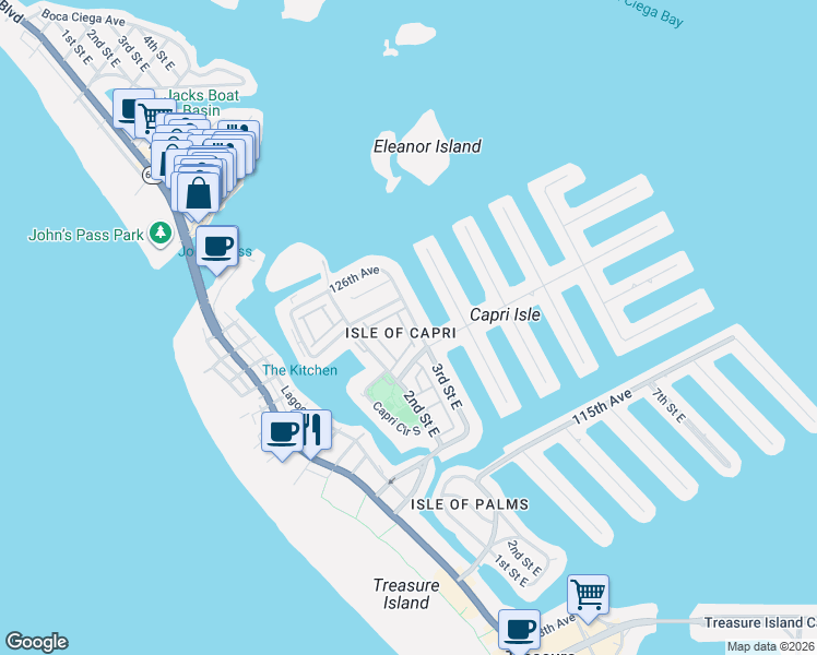 map of restaurants, bars, coffee shops, grocery stores, and more near 12239 Sun Vista Court East in Treasure Island