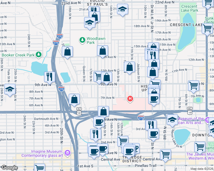 map of restaurants, bars, coffee shops, grocery stores, and more near 1438 9th Avenue North in Saint Petersburg