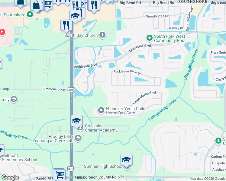 map of restaurants, bars, coffee shops, grocery stores, and more near 10735 Rockledge View Drive in Riverview