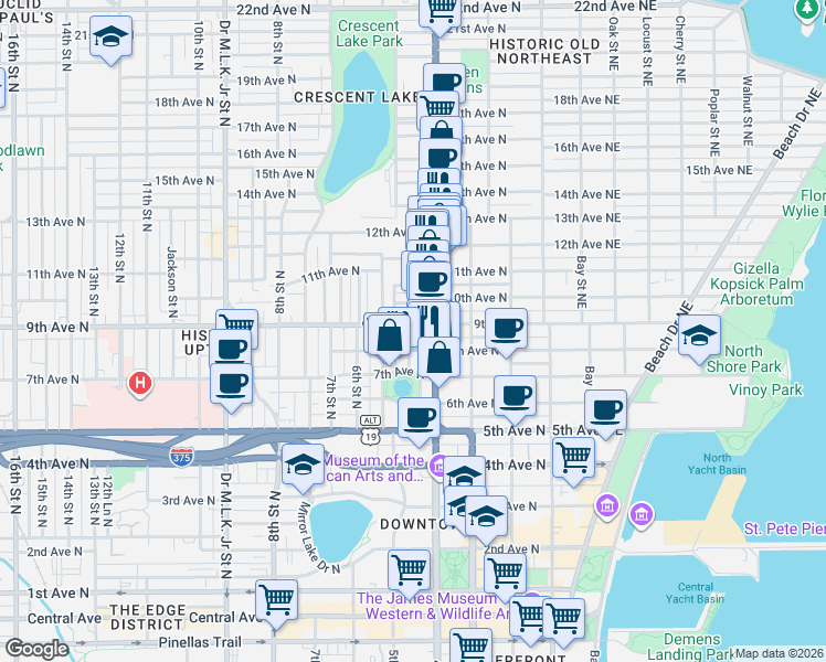 map of restaurants, bars, coffee shops, grocery stores, and more near 435 9th Avenue North in St. Petersburg