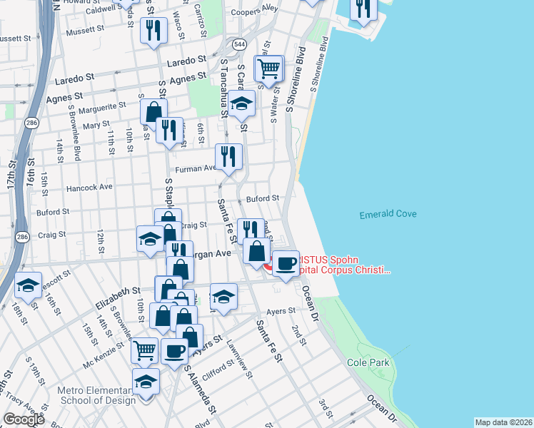 map of restaurants, bars, coffee shops, grocery stores, and more near 1121 2nd Street in Corpus Christi