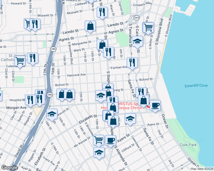 map of restaurants, bars, coffee shops, grocery stores, and more near 1116 Buford Street in Corpus Christi