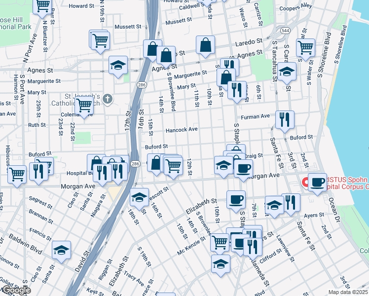 map of restaurants, bars, coffee shops, grocery stores, and more near 1020 South Brownlee Boulevard in Corpus Christi