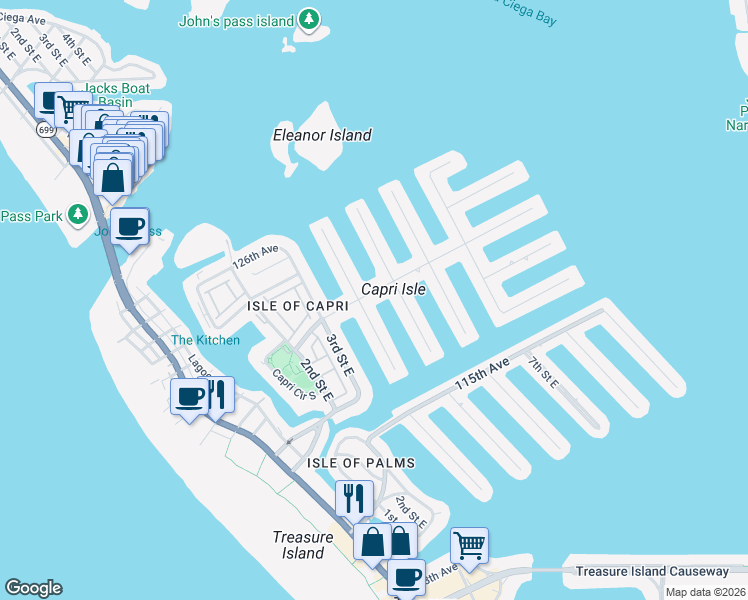 map of restaurants, bars, coffee shops, grocery stores, and more near in Treasure Island