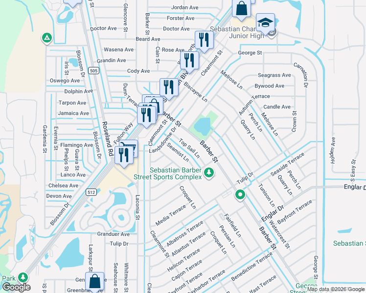 map of restaurants, bars, coffee shops, grocery stores, and more near 1025 Barber Street in Sebastian