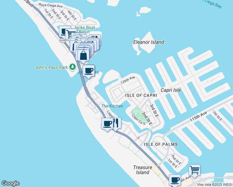 map of restaurants, bars, coffee shops, grocery stores, and more near 123 Sun Isle Circle in Treasure Island