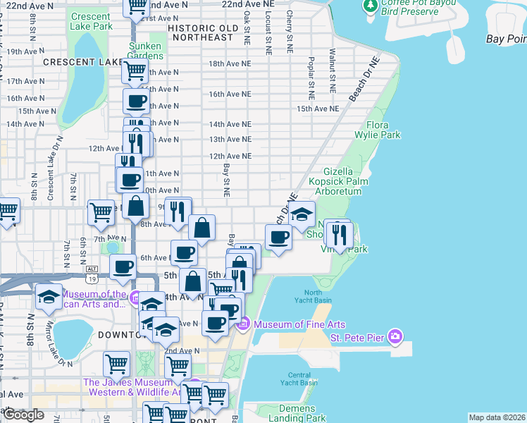 map of restaurants, bars, coffee shops, grocery stores, and more near 900 Locust Street Northeast in St. Petersburg