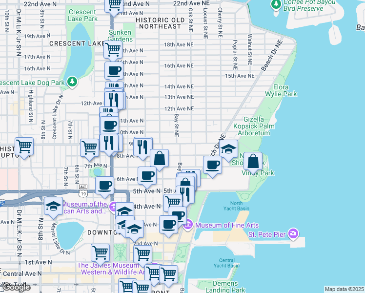 map of restaurants, bars, coffee shops, grocery stores, and more near 249 9th Avenue North in St. Petersburg