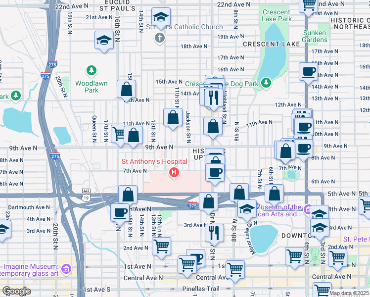 map of restaurants, bars, coffee shops, grocery stores, and more near 1042 9th Avenue North in Saint Petersburg