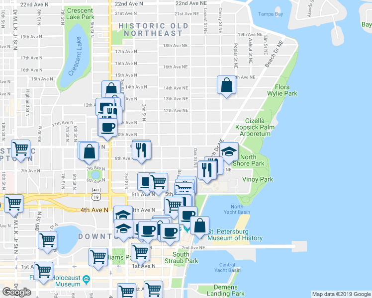 map of restaurants, bars, coffee shops, grocery stores, and more near 224 9th Avenue Northeast in Saint Petersburg