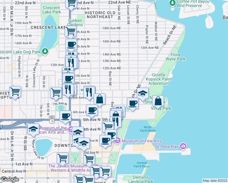 map of restaurants, bars, coffee shops, grocery stores, and more near 206 9th Avenue Northeast in St. Petersburg