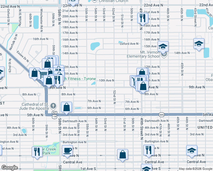 map of restaurants, bars, coffee shops, grocery stores, and more near 5300 10th Avenue North in St. Petersburg