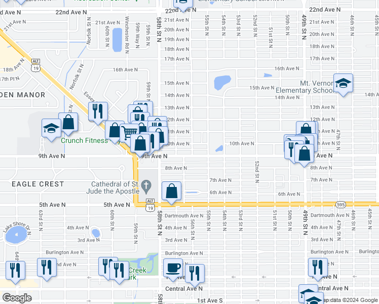 map of restaurants, bars, coffee shops, grocery stores, and more near 5601 9th Avenue North in Saint Petersburg