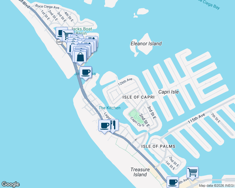 map of restaurants, bars, coffee shops, grocery stores, and more near 123 Sun Isle Circle in Treasure Island