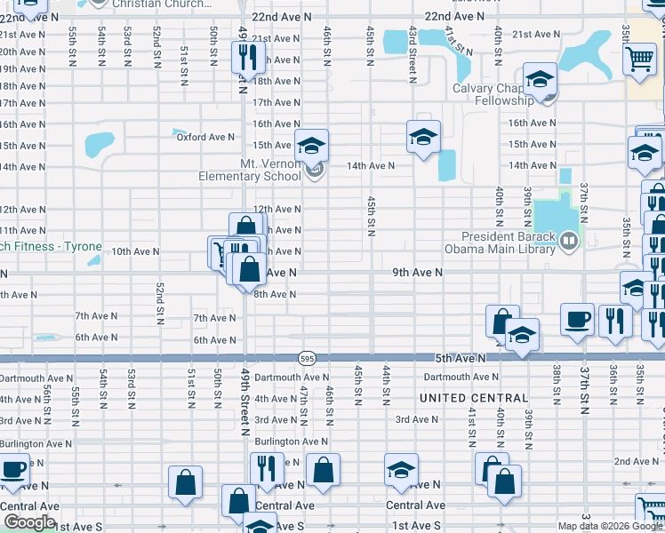 map of restaurants, bars, coffee shops, grocery stores, and more near 4595 9th Avenue North in St. Petersburg