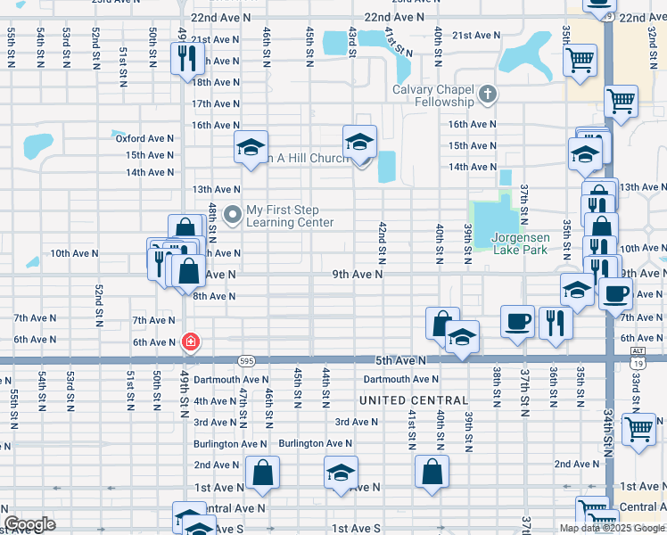 map of restaurants, bars, coffee shops, grocery stores, and more near 920 43rd Street in St. Petersburg
