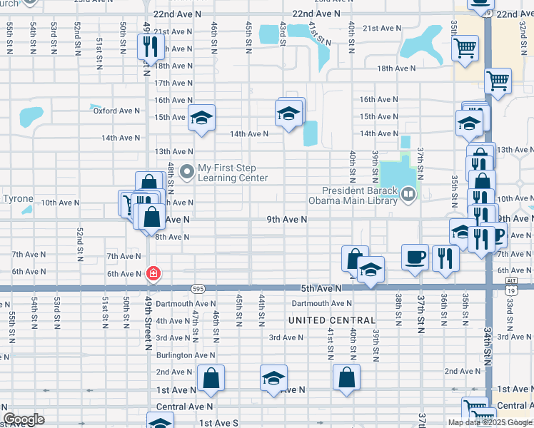 map of restaurants, bars, coffee shops, grocery stores, and more near 4347 9th Avenue North in St. Petersburg
