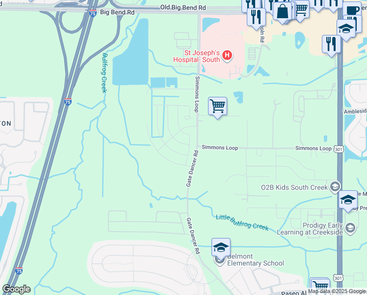 map of restaurants, bars, coffee shops, grocery stores, and more near 6702-6798 Simmons Loop in Riverview