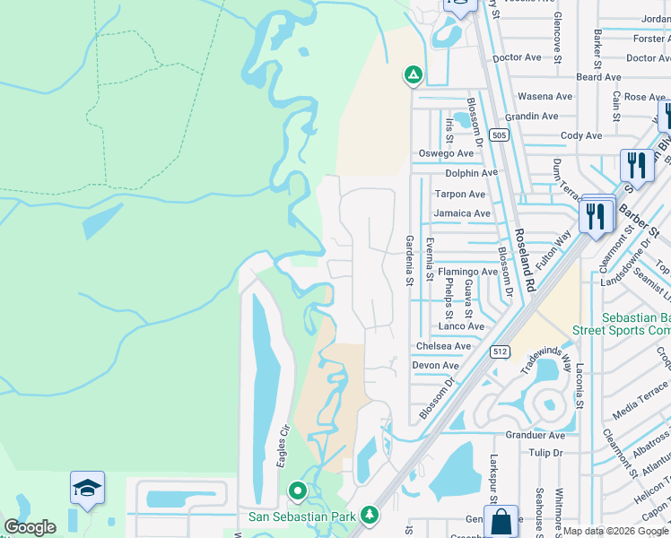 map of restaurants, bars, coffee shops, grocery stores, and more near 624 Fischer Hammock Road in Sebastian