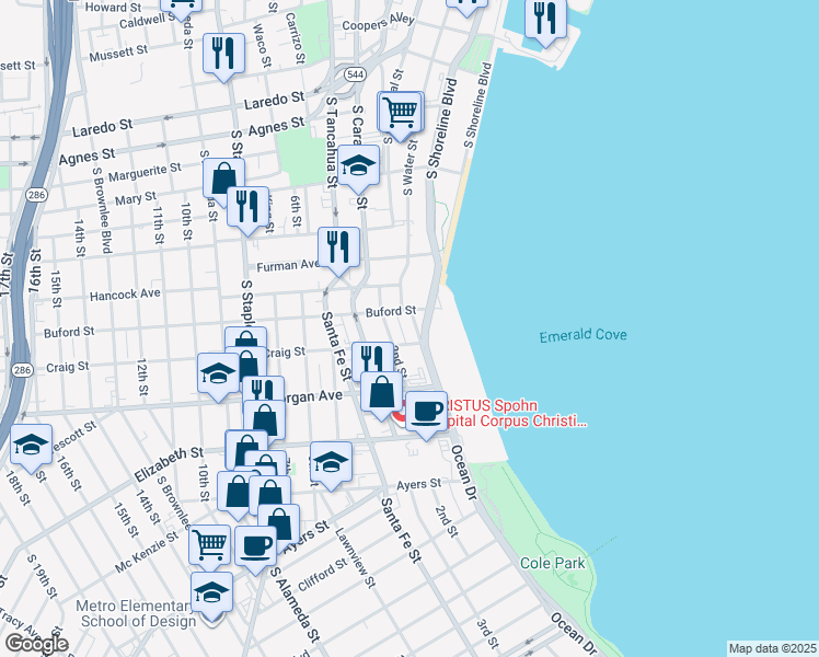 map of restaurants, bars, coffee shops, grocery stores, and more near 1102 Ocean Drive in Corpus Christi