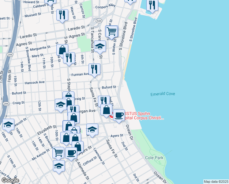 map of restaurants, bars, coffee shops, grocery stores, and more near 1117 Ocean Drive in Corpus Christi