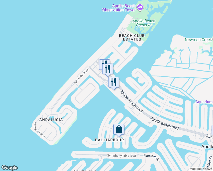 map of restaurants, bars, coffee shops, grocery stores, and more near 1250 Apollo Beach Boulevard in Apollo Beach