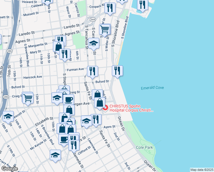 map of restaurants, bars, coffee shops, grocery stores, and more near 1117 Ocean Drive in Corpus Christi