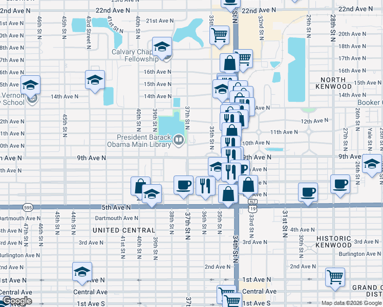 map of restaurants, bars, coffee shops, grocery stores, and more near 3636 10th Avenue North in St. Petersburg
