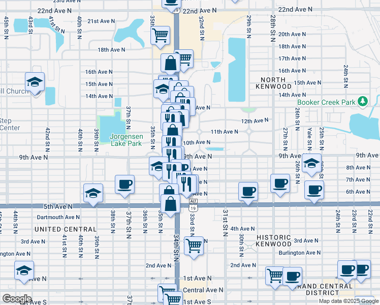 map of restaurants, bars, coffee shops, grocery stores, and more near 3311 9th Avenue North in Saint Petersburg
