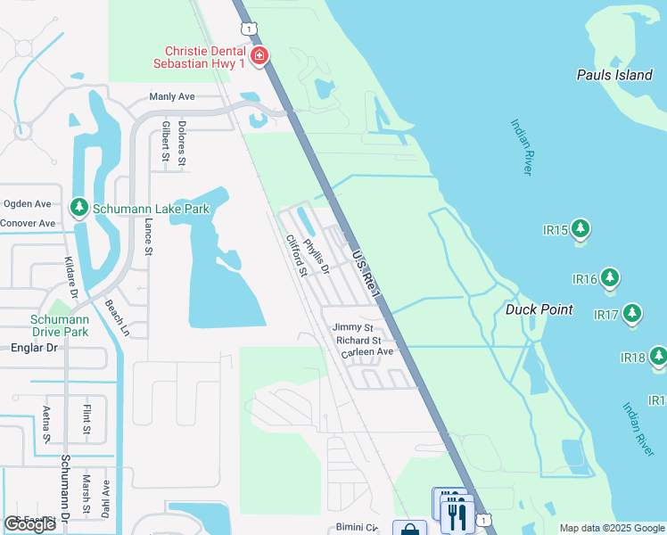 map of restaurants, bars, coffee shops, grocery stores, and more near Joyce Avenue in Sebastian