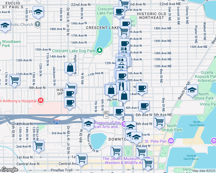 map of restaurants, bars, coffee shops, grocery stores, and more near 527 9th Avenue North in St. Petersburg