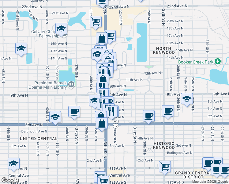 map of restaurants, bars, coffee shops, grocery stores, and more near 3321 9th Avenue North in St. Petersburg
