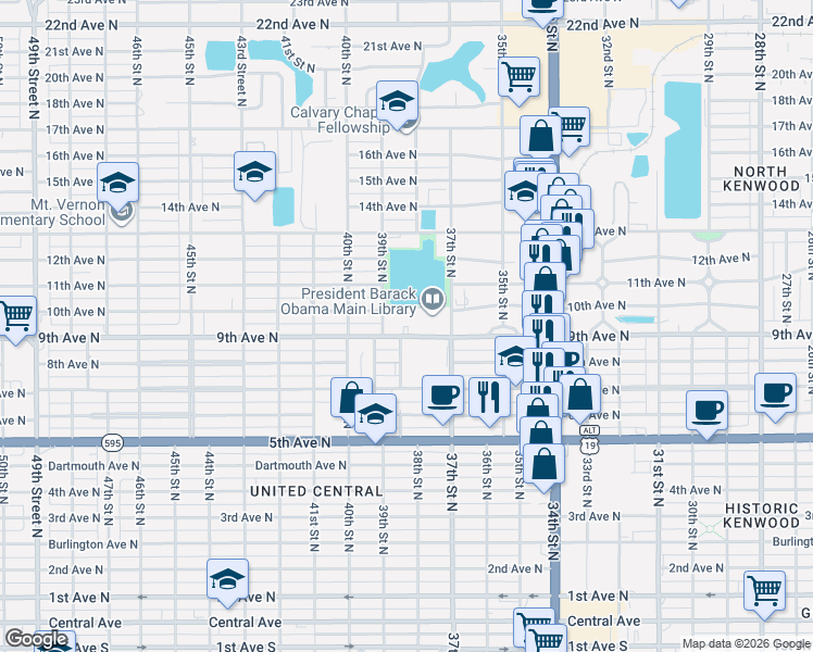 map of restaurants, bars, coffee shops, grocery stores, and more near 917 39th Street North in St. Petersburg