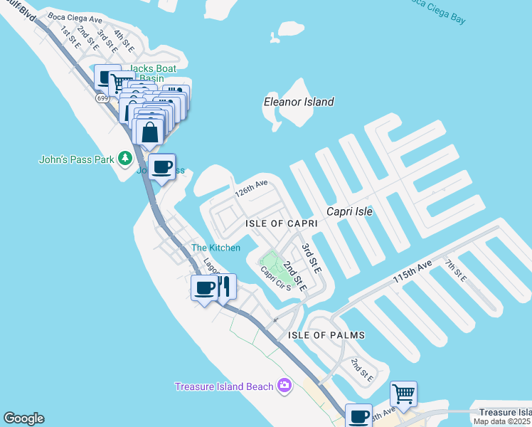 map of restaurants, bars, coffee shops, grocery stores, and more near 12465 2nd Street East in Treasure Island