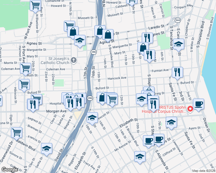map of restaurants, bars, coffee shops, grocery stores, and more near 1015 14th Street in Corpus Christi