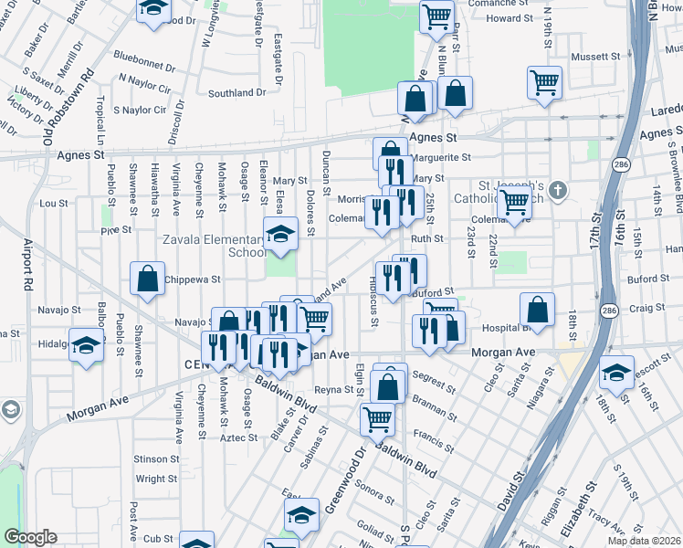 map of restaurants, bars, coffee shops, grocery stores, and more near 2949 Sunrise Avenue in Corpus Christi