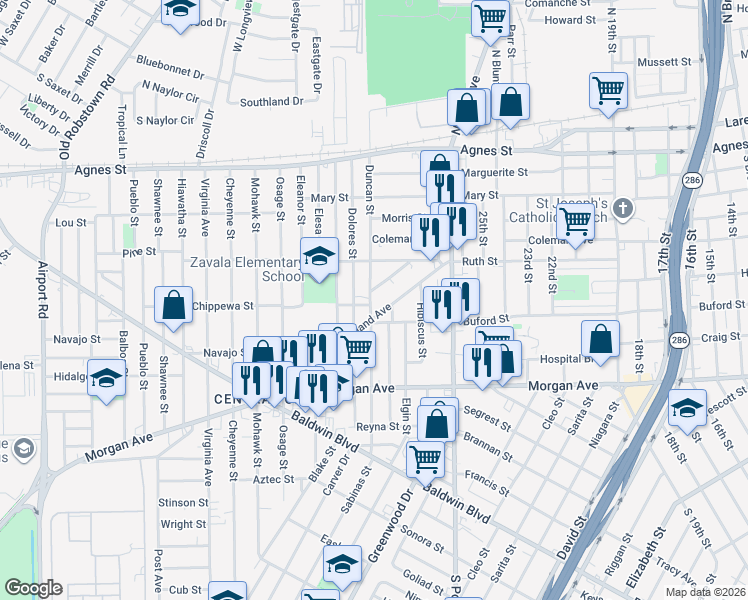 map of restaurants, bars, coffee shops, grocery stores, and more near 2949 Sunrise Avenue in Corpus Christi