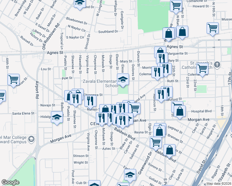 map of restaurants, bars, coffee shops, grocery stores, and more near 937 Eleanor Street in Corpus Christi