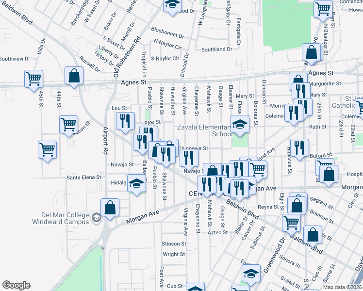 map of restaurants, bars, coffee shops, grocery stores, and more near 333 Virginia Avenue in Corpus Christi