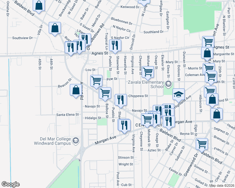 map of restaurants, bars, coffee shops, grocery stores, and more near 354 Shawnee Street in Corpus Christi