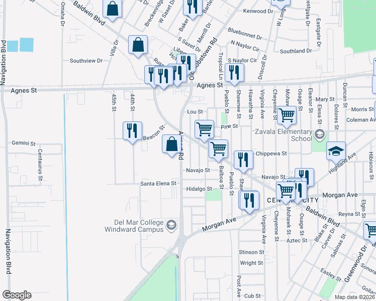 map of restaurants, bars, coffee shops, grocery stores, and more near 418 Vera Cruz Street in Corpus Christi