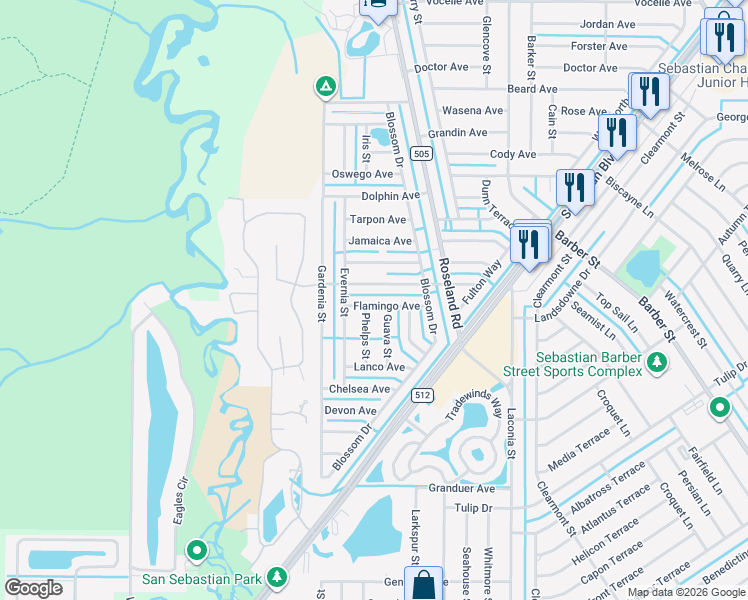 map of restaurants, bars, coffee shops, grocery stores, and more near 966 Flamingo Avenue in Sebastian