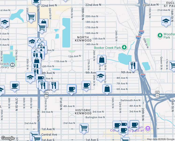 map of restaurants, bars, coffee shops, grocery stores, and more near 2715 9th Avenue North in St. Petersburg