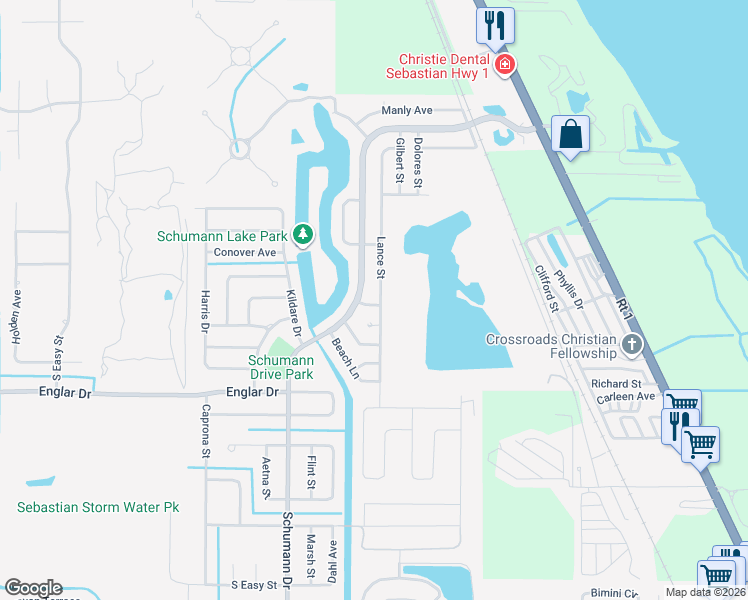 map of restaurants, bars, coffee shops, grocery stores, and more near 992 Lance Street in Sebastian