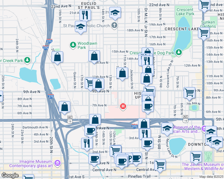 map of restaurants, bars, coffee shops, grocery stores, and more near 1225 9th Avenue North in St. Petersburg